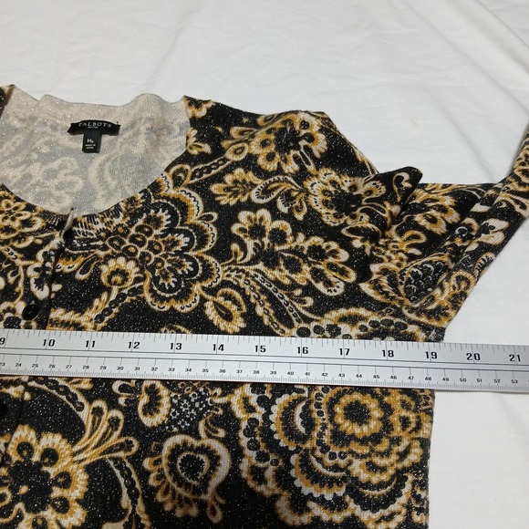 Talbots Floral Cardigan Sweater Button Front Long Sleeve‎ Black Beige MP - Picture 4 of 6